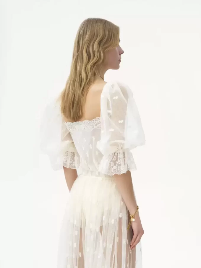 Square-neck top in embroidered lace