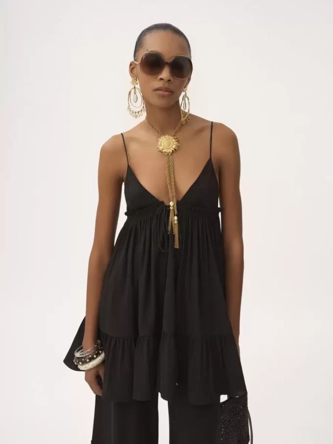 Thin-strap gathered mini dress in crêpe de chine