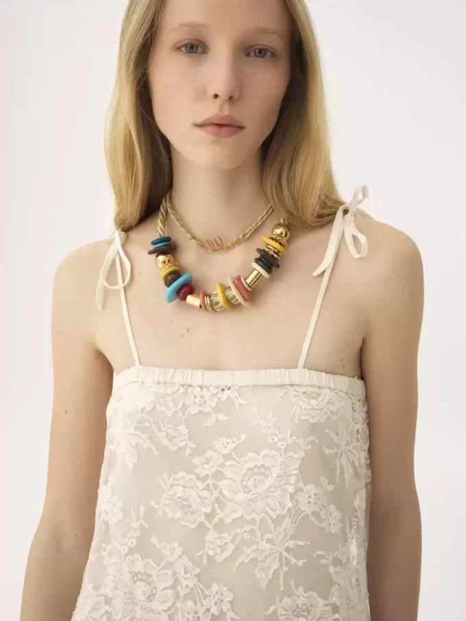 Thin-strap long dress in embroidered lace