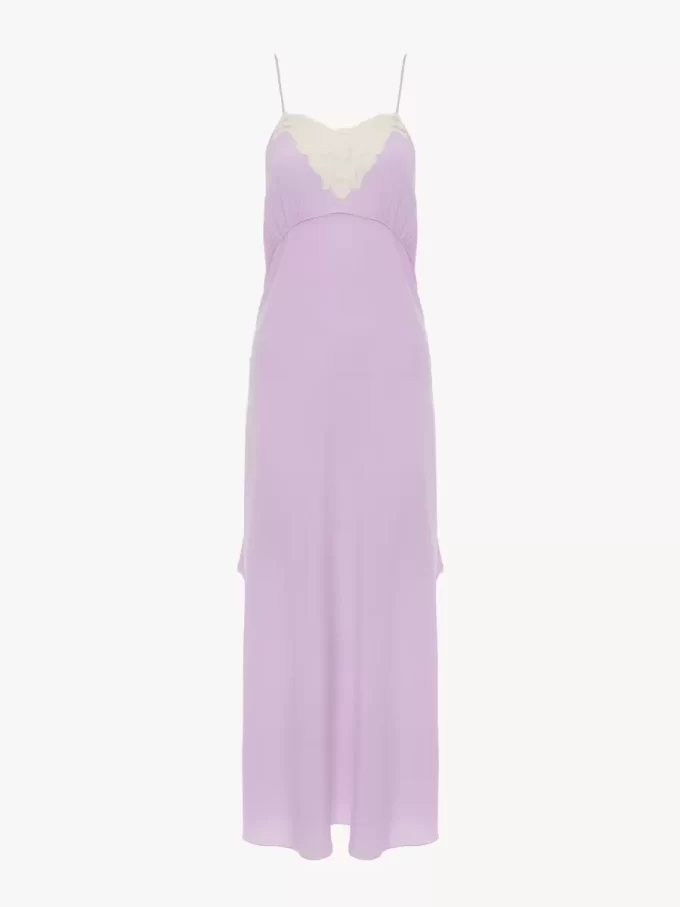 Thin-strap midi dress in crêpe de chine & lace