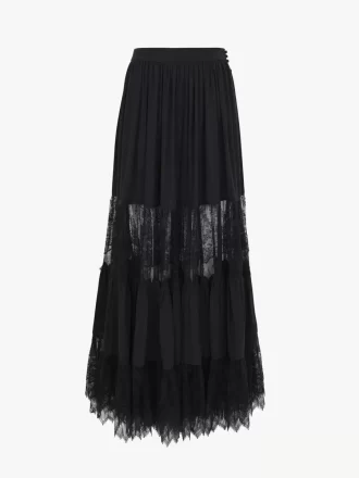 Tiered long skirt in silk georgette & lace