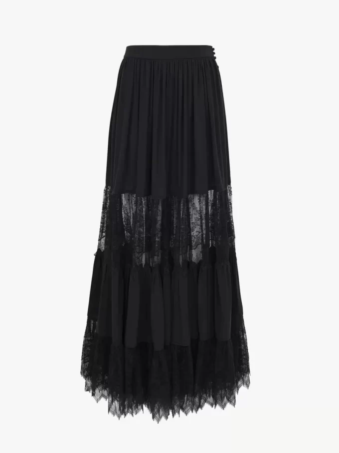 Tiered long skirt in silk georgette & lace