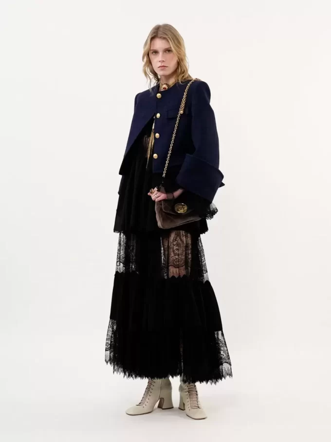 Tiered long skirt in silk georgette & lace