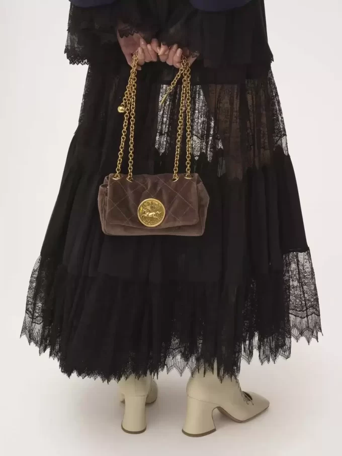 Tiered long skirt in silk georgette & lace