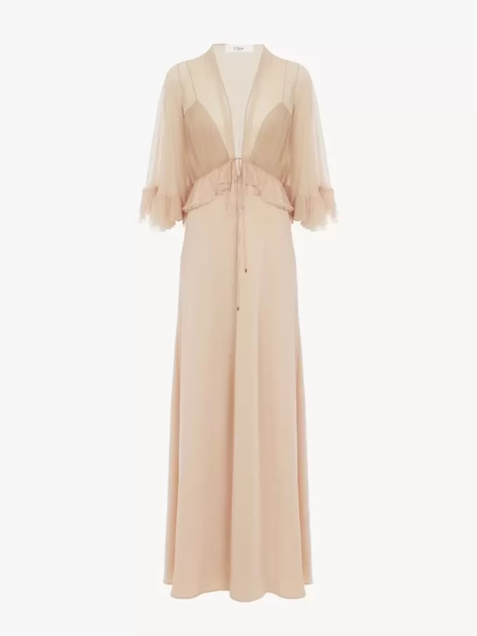 V-neck long dress in crêpe satin