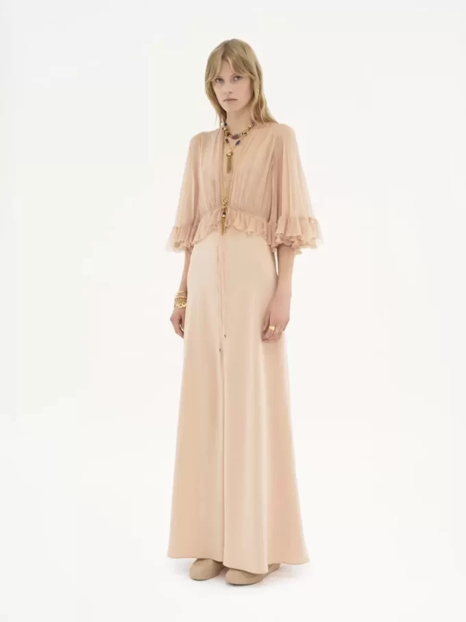 V-neck long dress in crêpe satin