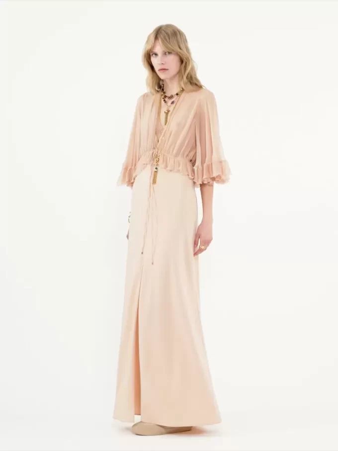 V-neck long dress in crêpe satin