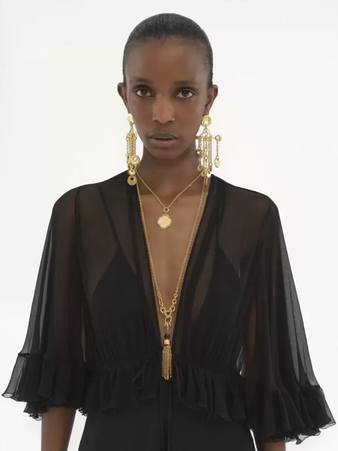 V-neck long dress in crêpe satin