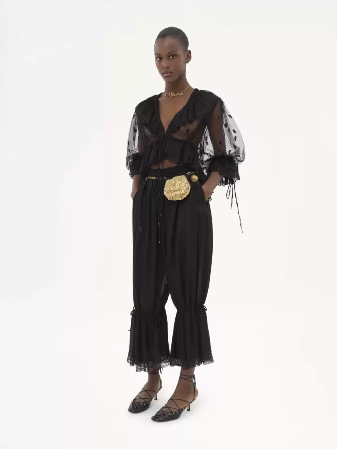 V-neck ruffle top in embroidered lace