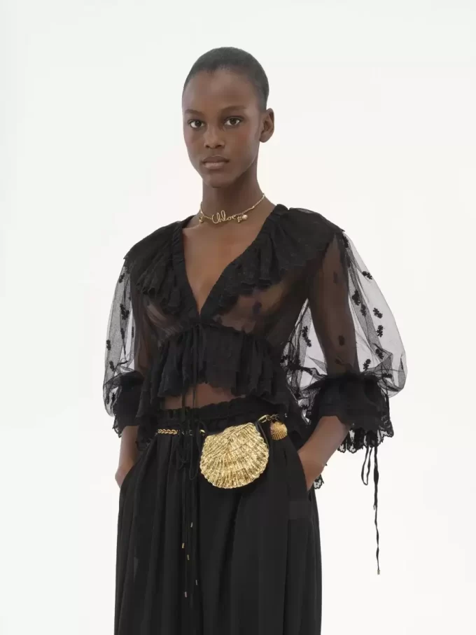 V-neck ruffle top in embroidered lace