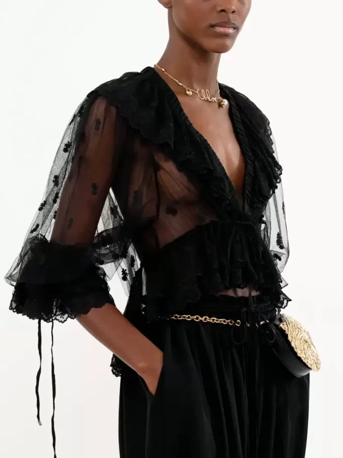 V-neck ruffle top in embroidered lace