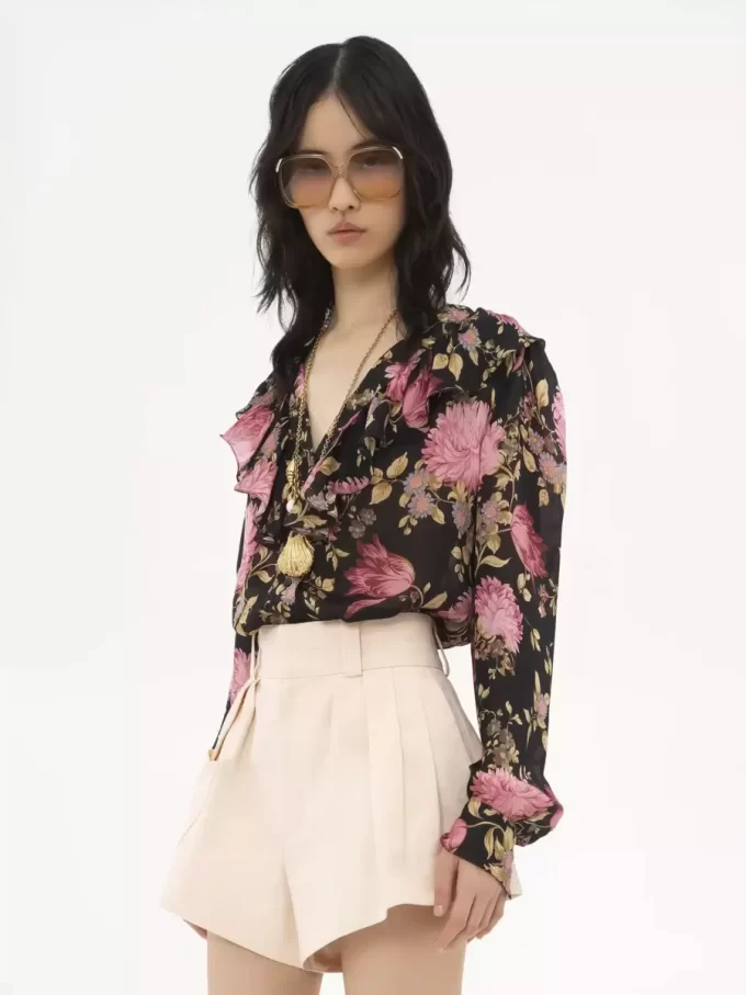 V-neck ruffled blouse in silk charmeuse