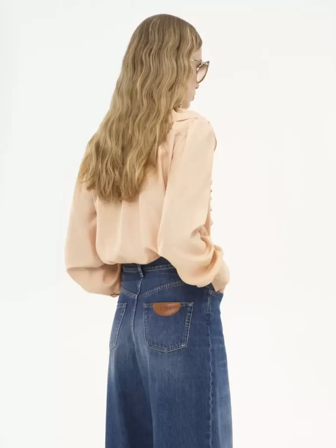 V-neck ruffled blouse in silk habotai