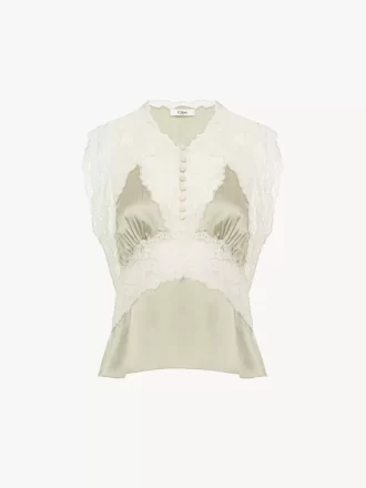 V-neck top in silk satin & lace